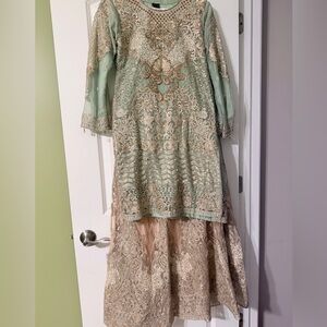 Embroidered pastel sea green and pink lengha